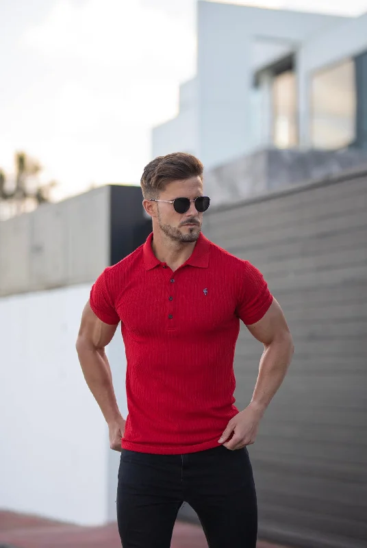 versatile short sleeve shirts for weekend trips -Father Sons Classic Red Ribbed Polo Shirt Short Sleeve with Black Metal Emblem Decal & Buttons- FSH583