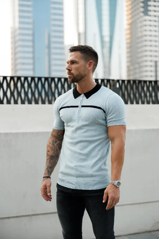 men’s comfortable short sleeve shirts for casual events -Father Sons Classic Silver Grey / Black Horizontal Stripe Zipped Polo Short Sleeve - FSN040