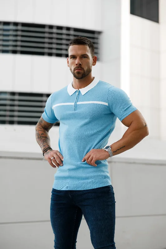 men’s slim fit short sleeve t-shirts -Father Sons Classic Sky Blue / White Horizontal Stripe Zipped Polo Short Sleeve - FSN058