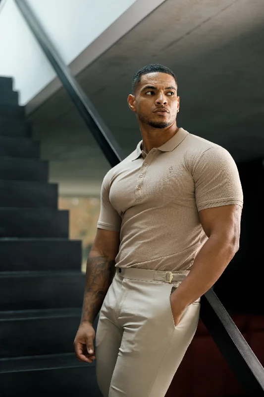 men’s casual short sleeve button-up shirts -Father Sons Classic Taupe Polo Shirt with Tonal Button and Embroidery - FSH913