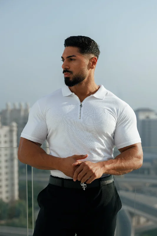 stylish short sleeve shirts for weekend trips -Father Sons Classic White and Silver Zipped Polo Shirt - FSH853