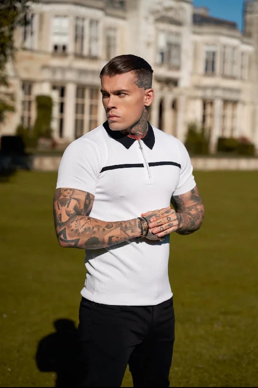 stylish short sleeve t-shirts for all seasons -Father Sons Classic White / Black Horizontal Stripe Zipped Polo Short Sleeve - FSN043