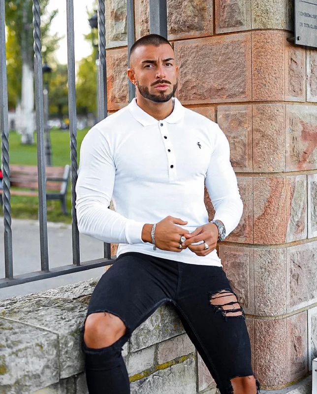 stylish and relaxed short sleeve shirts for men -Father Sons Classic White Polo Long Sleeve Shirt - FSH039