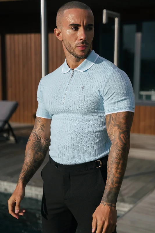 trendy short sleeve shirts for work and play -FS Classic Powder Blue Ribbed Zip Polo with Contrast Short Sleeve - FSH1106