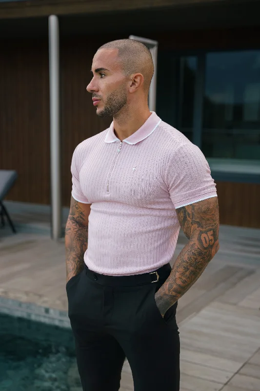 modern short sleeve shirts with a sleek fit -FS Classic Powder Pink Ribbed Zip Polo with Contrast Short Sleeve - FSH1105