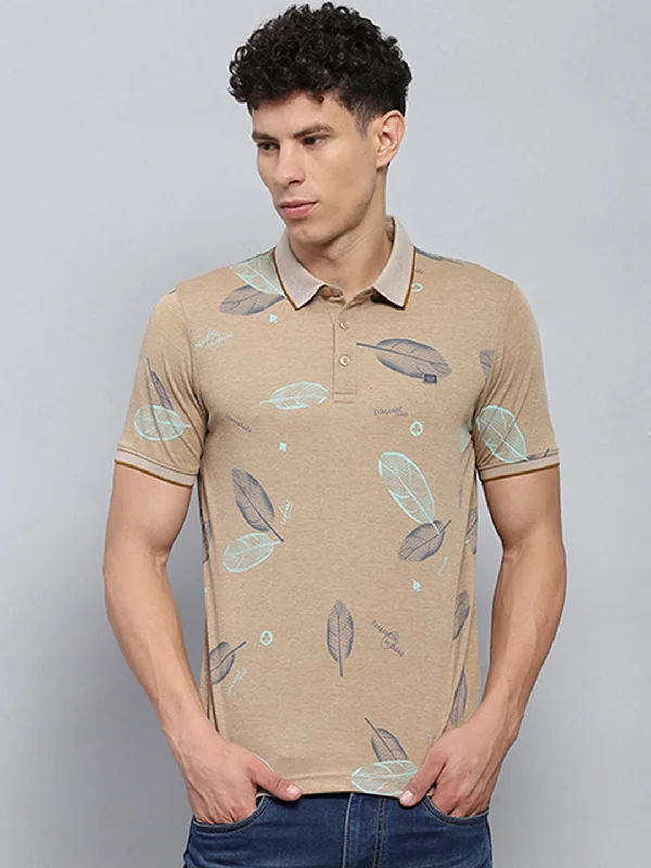 comfortable short sleeve shirts for hot climates -Men Beige Printed Collar Half Sleeve T-Shirt