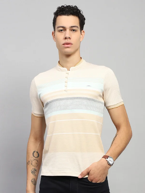 cool short sleeve shirts for everyday adventures -Men Beige Stripe Band Collar Half Sleeve T-Shirt