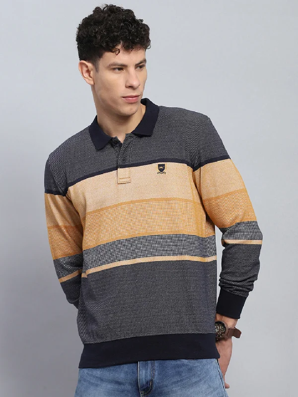 men’s casual short sleeve polo shirts with designs -Men Beige Stripe Collar Full Sleeve Winter T-Shirt