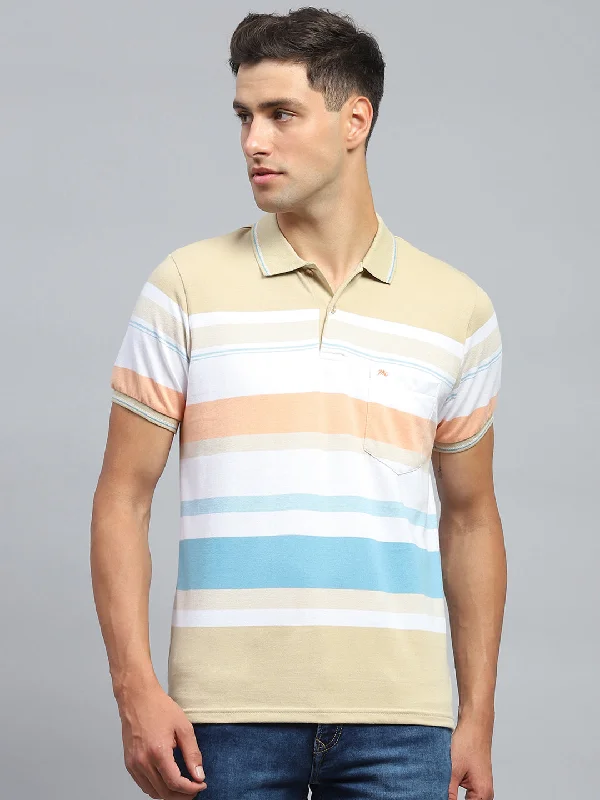 men’s casual short sleeve shirts with fun prints -Men Beige Stripe Collar Half Sleeve T-Shirt