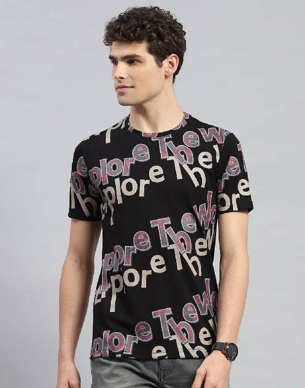 comfortable short sleeve shirts with unique prints -Men Black Printed Round Neck Half Sleeve T-Shirt