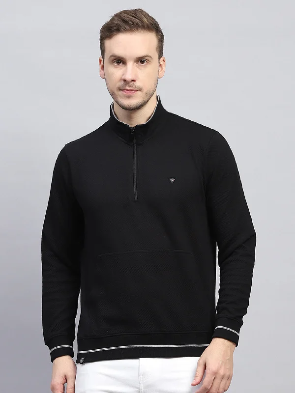 trendy short sleeve shirts for work and play -Men Black Self Design Mock Neck Full Sleeve Winter T-Shirt