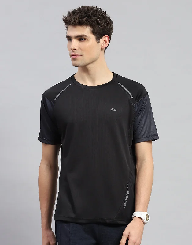 men’s casual short sleeve shirts for beach outings -Men Black Solid Round Neck Half Sleeve T-Shirt