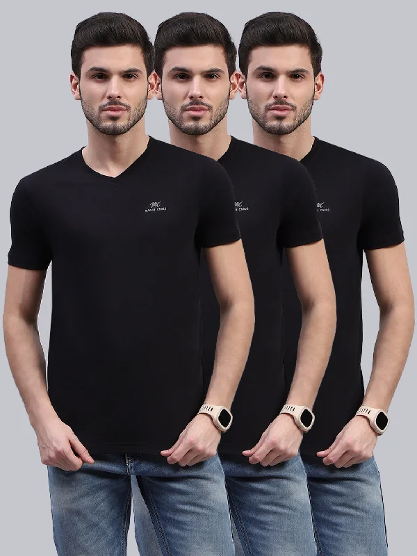 short sleeve shirts with cool designs for men -Men Black Solid V Neck Half Sleeve T-Shirt (Pack of 3)