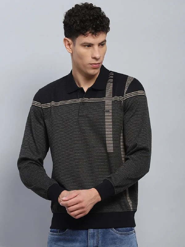 cool and stylish short sleeve shirts with bold prints -Men Black Stripe Collar Full Sleeve Winter T-Shirt