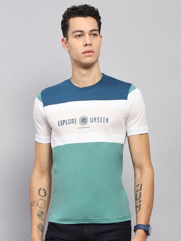 trendy short sleeve shirts for work and leisure -Men Blue & Green Stripe Round Neck Half Sleeve T-Shirt