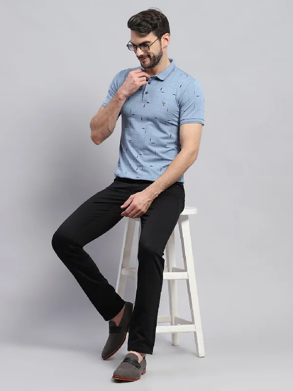 trendy short sleeve shirts with floral patterns -Men Blue Printed Collar Half Sleeve T-Shirt