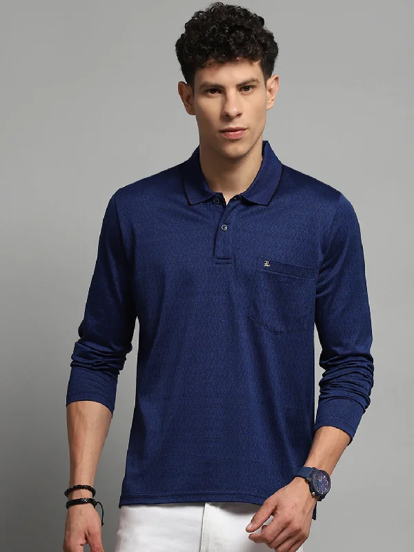 trendy short sleeve polo shirts for vacation wear -Men Blue Self Design Collar Full Sleeve Winter T-Shirt