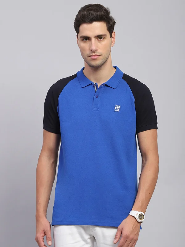 versatile and comfortable short sleeve polo shirts -Men Blue Solid Collar Half Sleeve T-Shirt