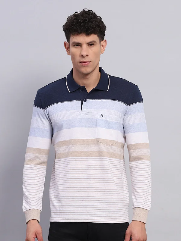 short sleeve shirts with fun prints for men -Men Blue Stripe Collar Full Sleeve Winter T-Shirt