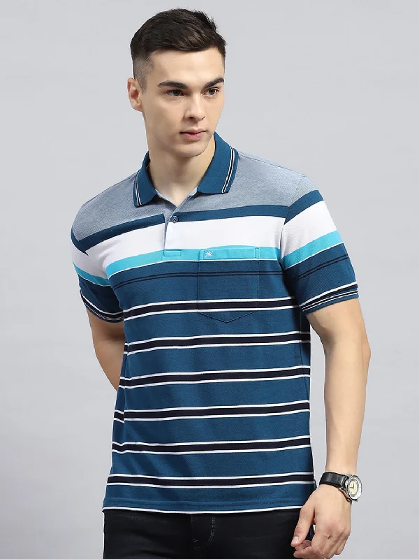 comfortable short sleeve shirts with a sporty look -Men Blue Stripe Collar Half Sleeve T-Shirt