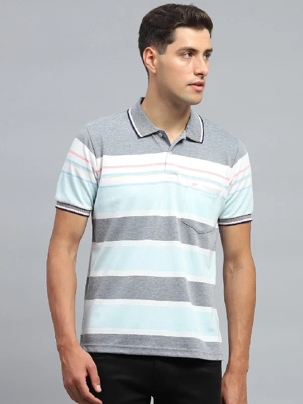 cool and stylish short sleeve shirts for active wear -Men Blue Stripe Collar Half Sleeve T-Shirt