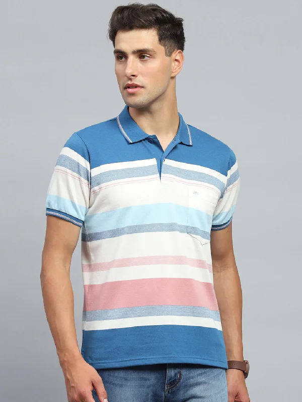 trendy short sleeve shirts with minimalist designs -Men Blue Stripe Collar Half Sleeve T-Shirt