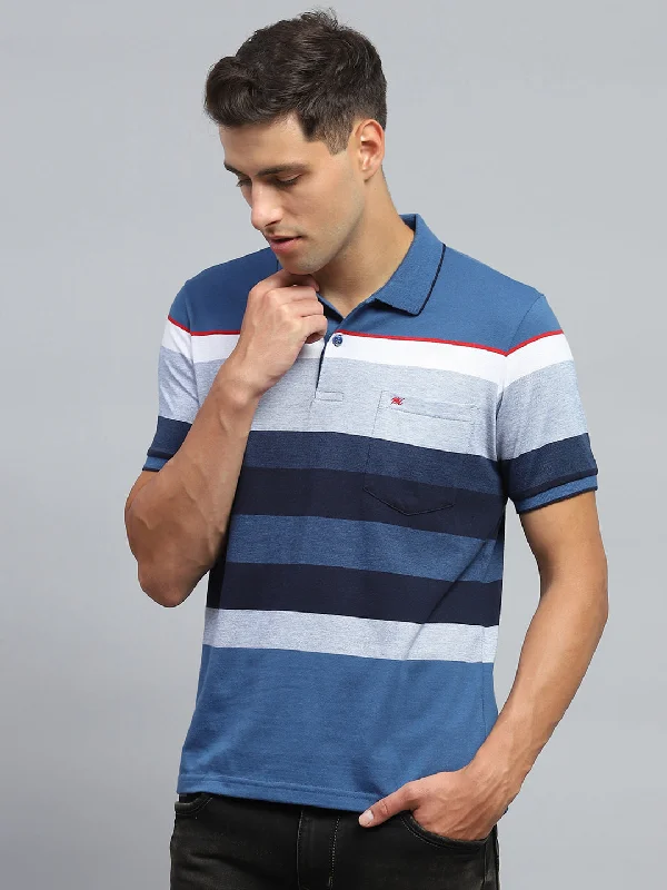 men’s trendy short sleeve shirts for casual days -Men Blue Stripe Collar Half Sleeve T-Shirt