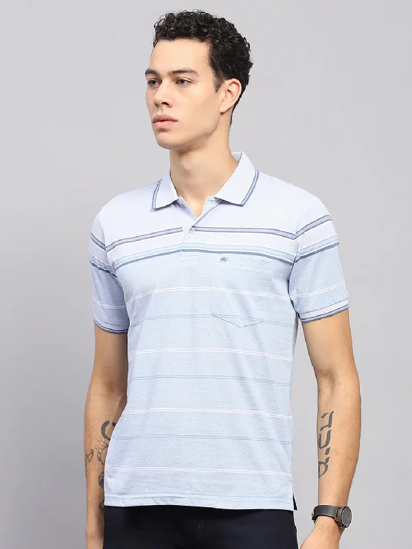 trendy short sleeve shirts for active lifestyle -Men Blue Stripe Collar Half Sleeve T-Shirt