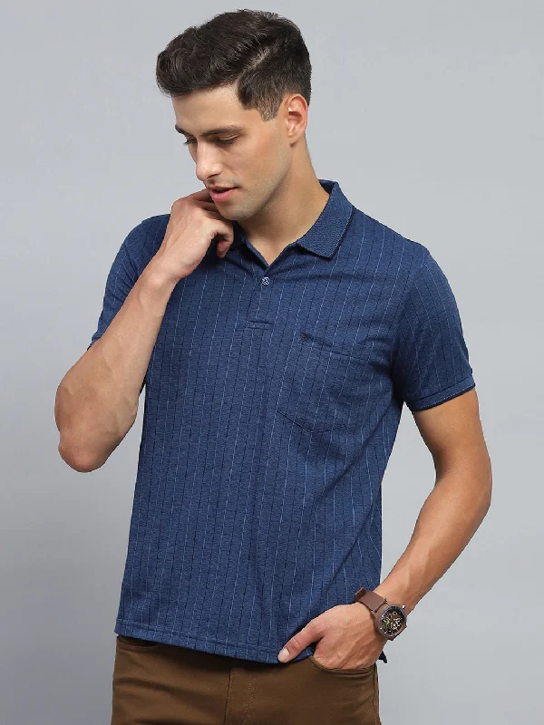 trendy short sleeve shirts for sports activities -Men Blue Stripe Collar Half Sleeve T-Shirt