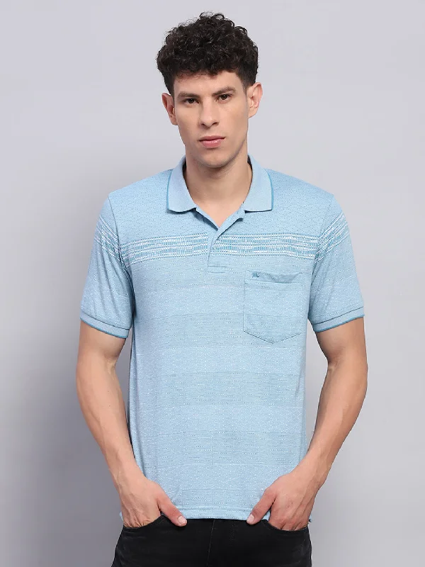 trendy short sleeve shirts with floral patterns -Men Blue Stripe Collar Half Sleeve T-Shirt