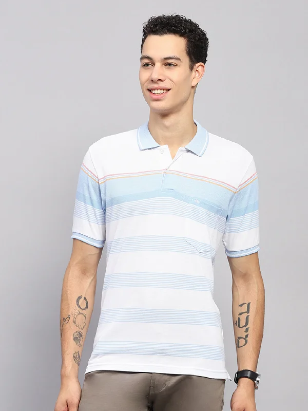 breathable short sleeve shirts for outdoor sports -Men Blue Stripe Collar Half Sleeve T-Shirt