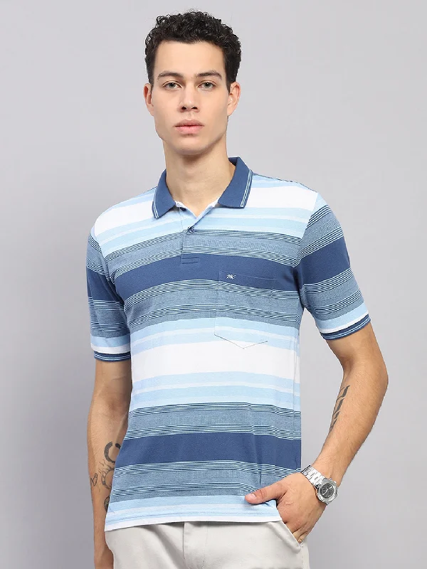 stylish short sleeve shirts for casual work wear -Men Blue Stripe Collar Half Sleeve T-Shirt