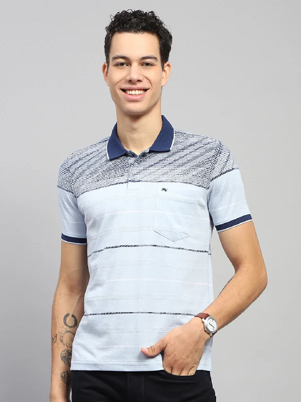 affordable short sleeve t-shirts for men’s active wear -Men Blue Stripe Collar Half Sleeve T-Shirt