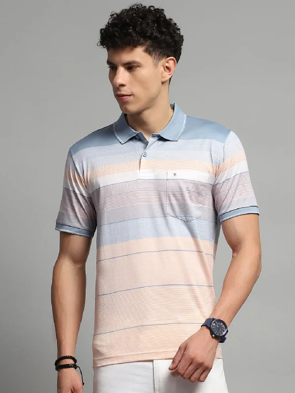 men’s graphic short sleeve shirts for hot weather -Men Blue Stripe Collar Half Sleeve T-Shirt