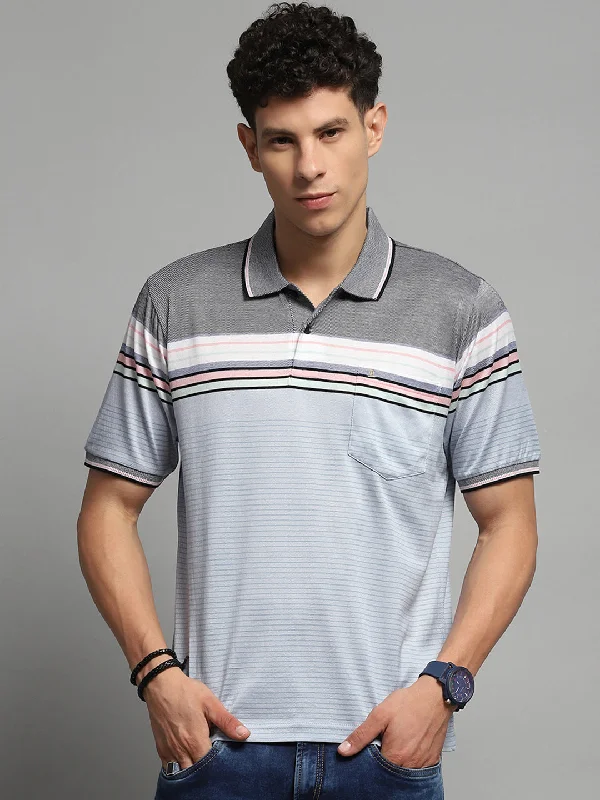 affordable short sleeve shirts for work and leisureMen Blue Stripe Collar Half Sleeve T-Shirt