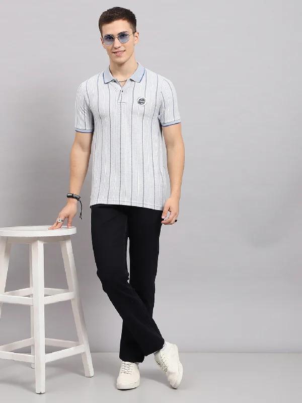 stylish short sleeve t-shirts for sports events -Men Blue Stripe Collar Half Sleeve T-Shirt