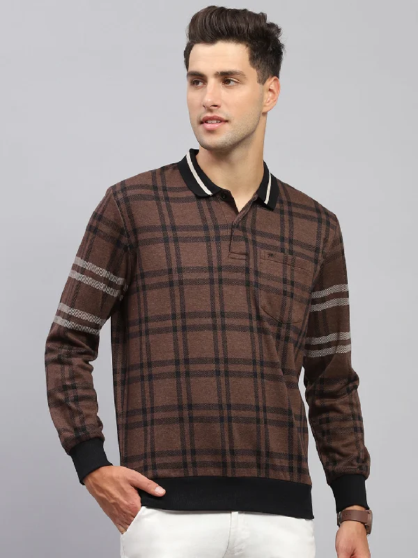 stylish and comfortable short sleeve shirts for men -Men Brown Check Collar Full Sleeve Winter T-Shirt