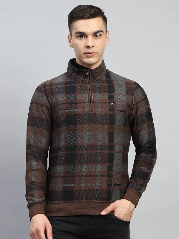 stylish short sleeve polo shirts for weekend wear -Men Brown Check Mock Neck Full Sleeve Winter T-Shirt