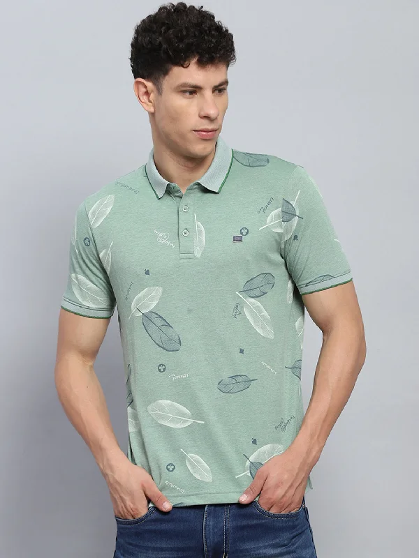 stylish short sleeve t-shirts for sports events -Men Green Printed Collar Half Sleeve T-Shirt