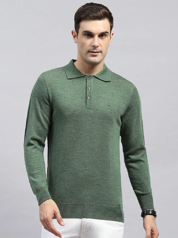 short sleeve shirts with unique graphics for men -Men Green Solid Collar Full Sleeve Winter T-Shirt