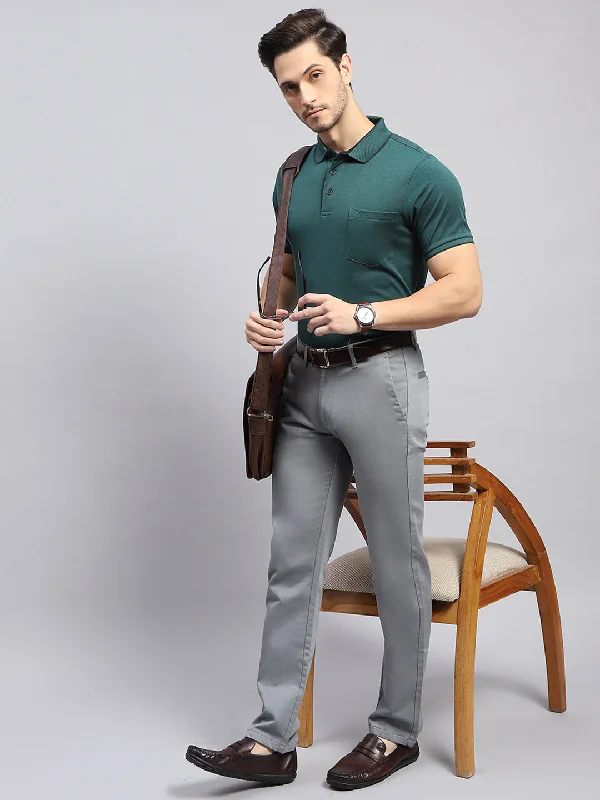 high-quality men’s short sleeve shirts for office wear -Men Green Solid Collar Half Sleeve T-Shirt