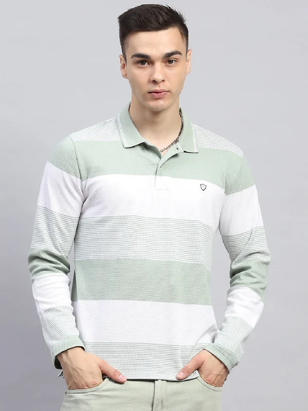 versatile and stylish short sleeve shirts for active men -Men Green Stripe Collar Full Sleeve Winter T-Shirt