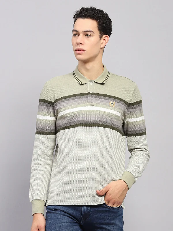 men’s affordable short sleeve shirts for daily wear -Men Green Stripe Collar Full Sleeve Winter T-Shirt