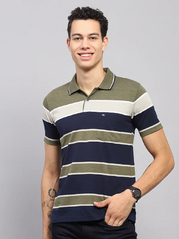 casual short sleeve t-shirts for everyday wear -Men Green Stripe Collar Half Sleeve T-Shirt