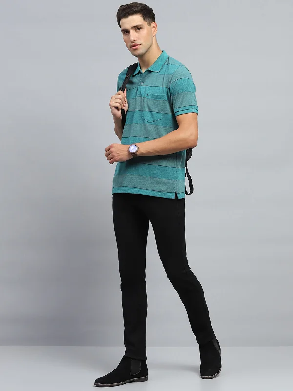 trendy short sleeve shirts for work and leisure -Men Green Stripe Collar Half Sleeve T-Shirt