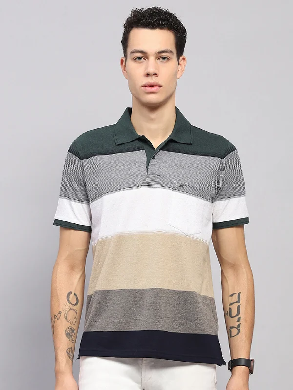 men’s cool short sleeve polo shirts for travel -Men Green Stripe Collar Half Sleeve T-Shirt