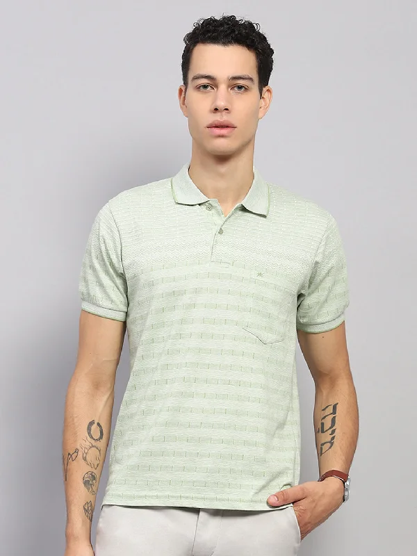 men’s short sleeve shirts with vibrant prints -Men Green Stripe Collar Half Sleeve T-Shirt