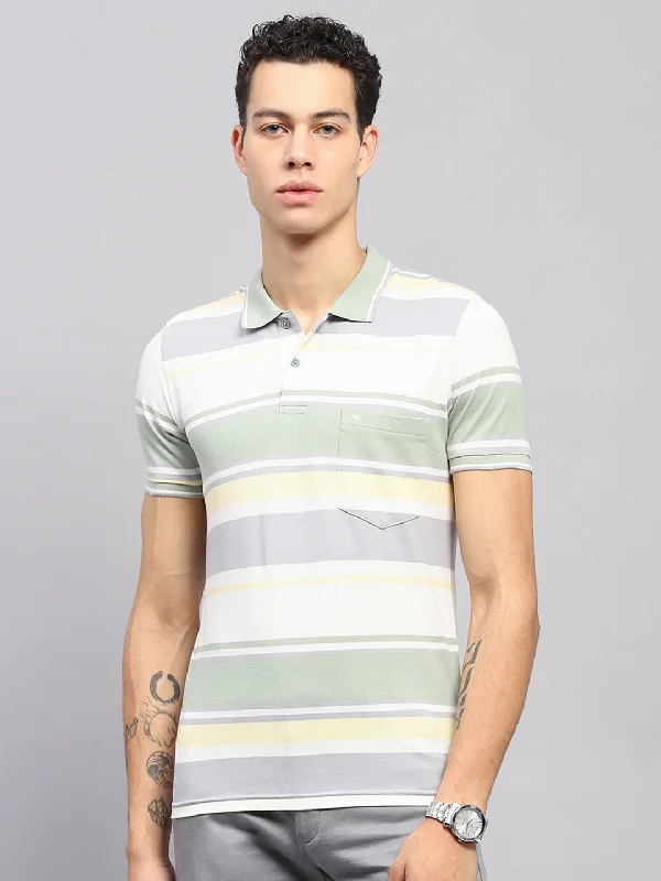 relaxed fit men’s short sleeve t-shirts for summer -Men Green Stripe Collar Half Sleeve T-Shirt