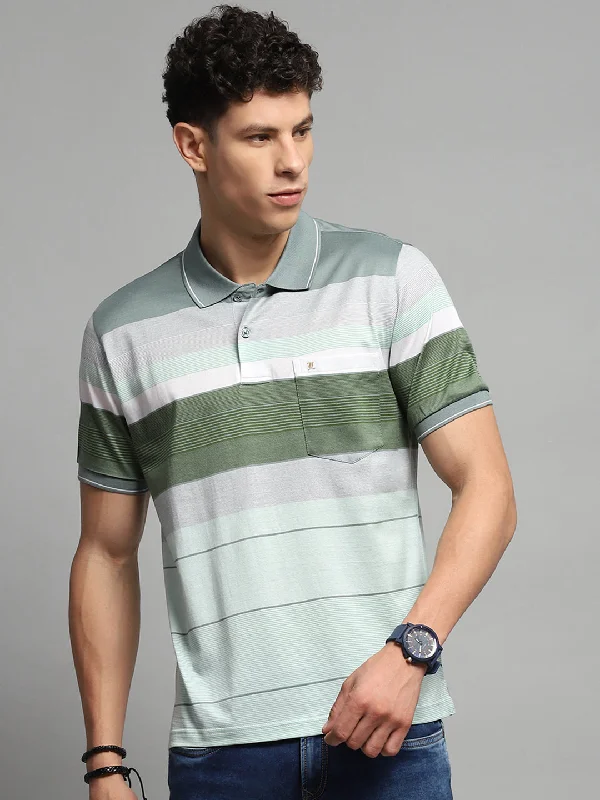 short sleeve shirts with fun prints for men -Men Green Stripe Collar Half Sleeve T-Shirt