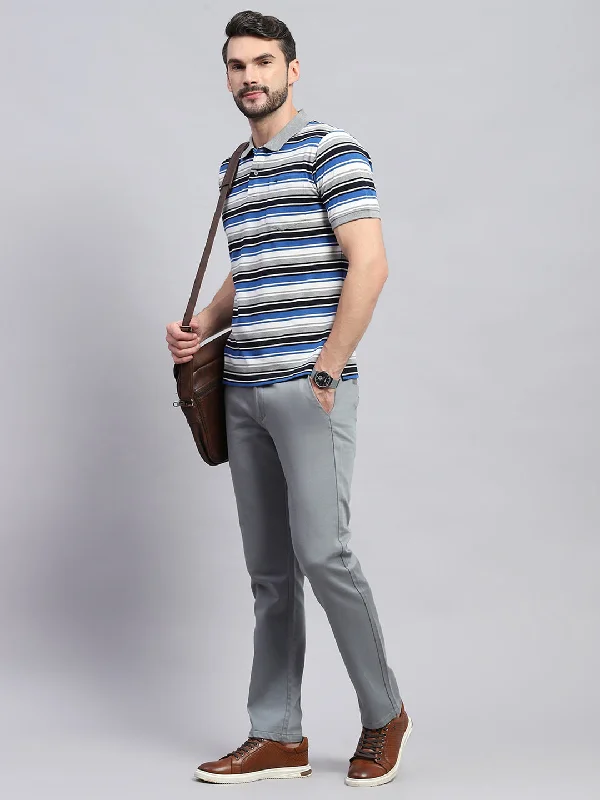 trendy short sleeve shirts with minimalist designs -Men Grey & Blue Stripe Collar Half Sleeve T-Shirt